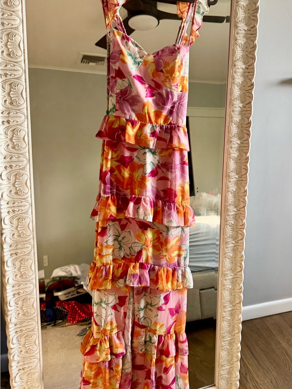 Wayf Pink Floral Ruffled Maxi Dress